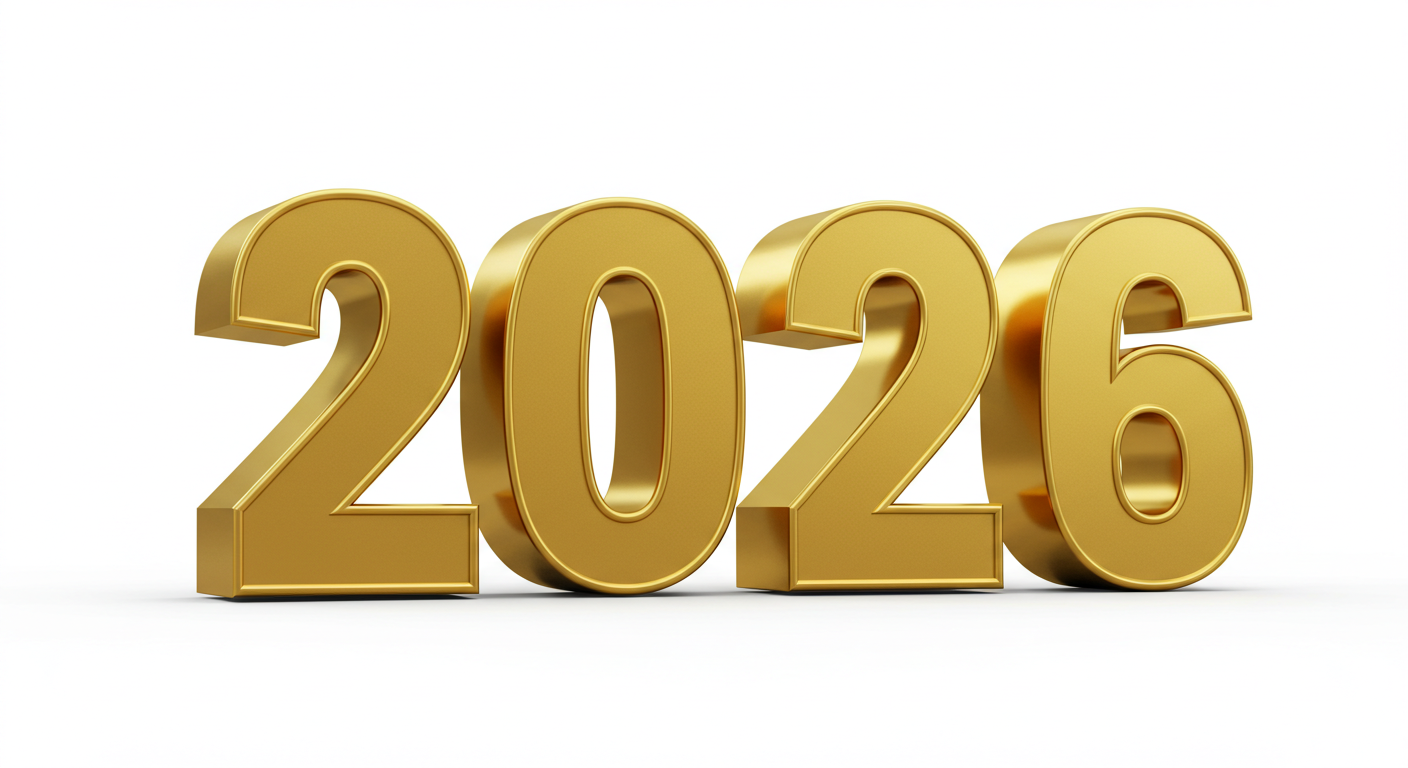 Golden 3D numbers ‘2026’ on a white background #3