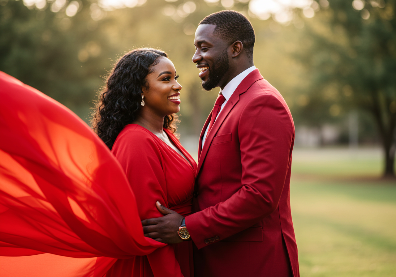 A happy black man and woman in red attire smiling at their love #4