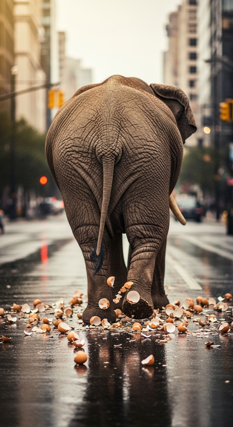 Back view of an elephant walking on eggshells on the street in daylight #3