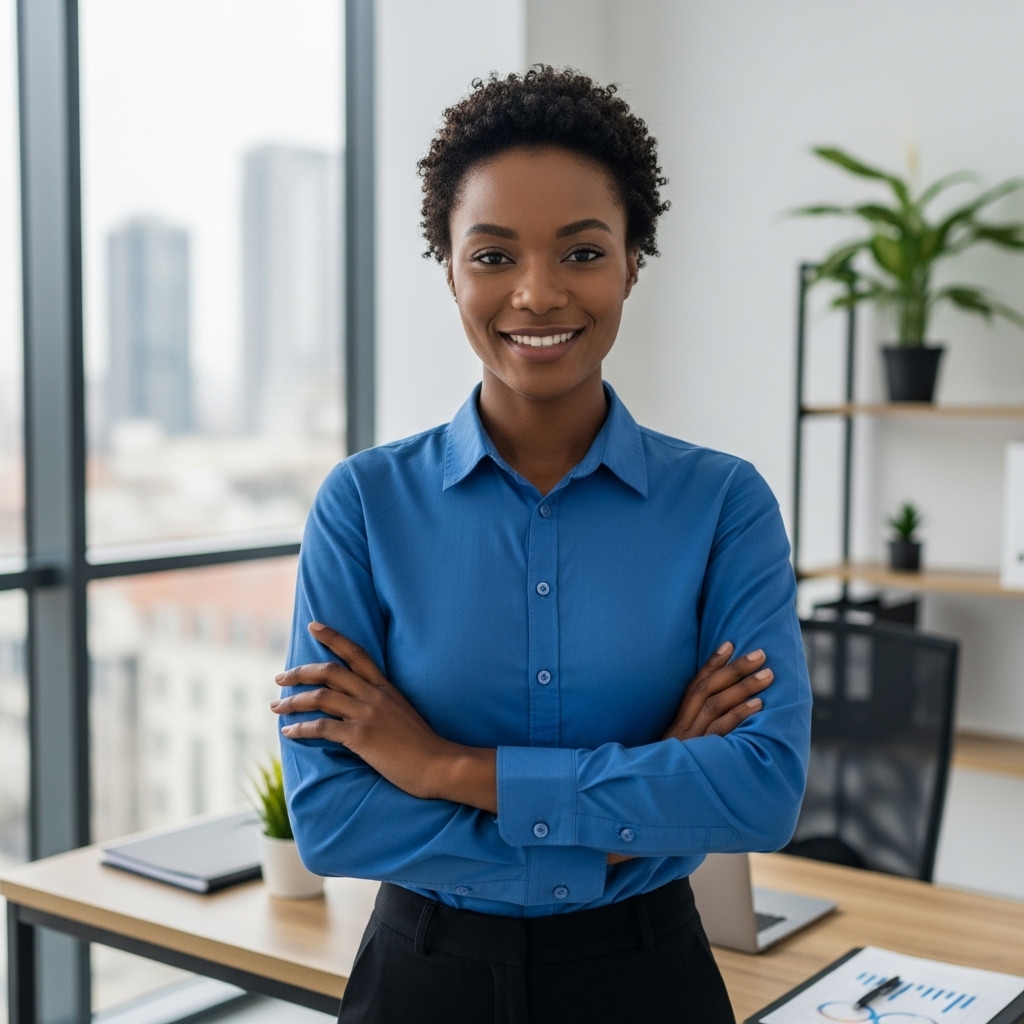 A young happy African woman in a blue shirt standing in her office and smiling #3