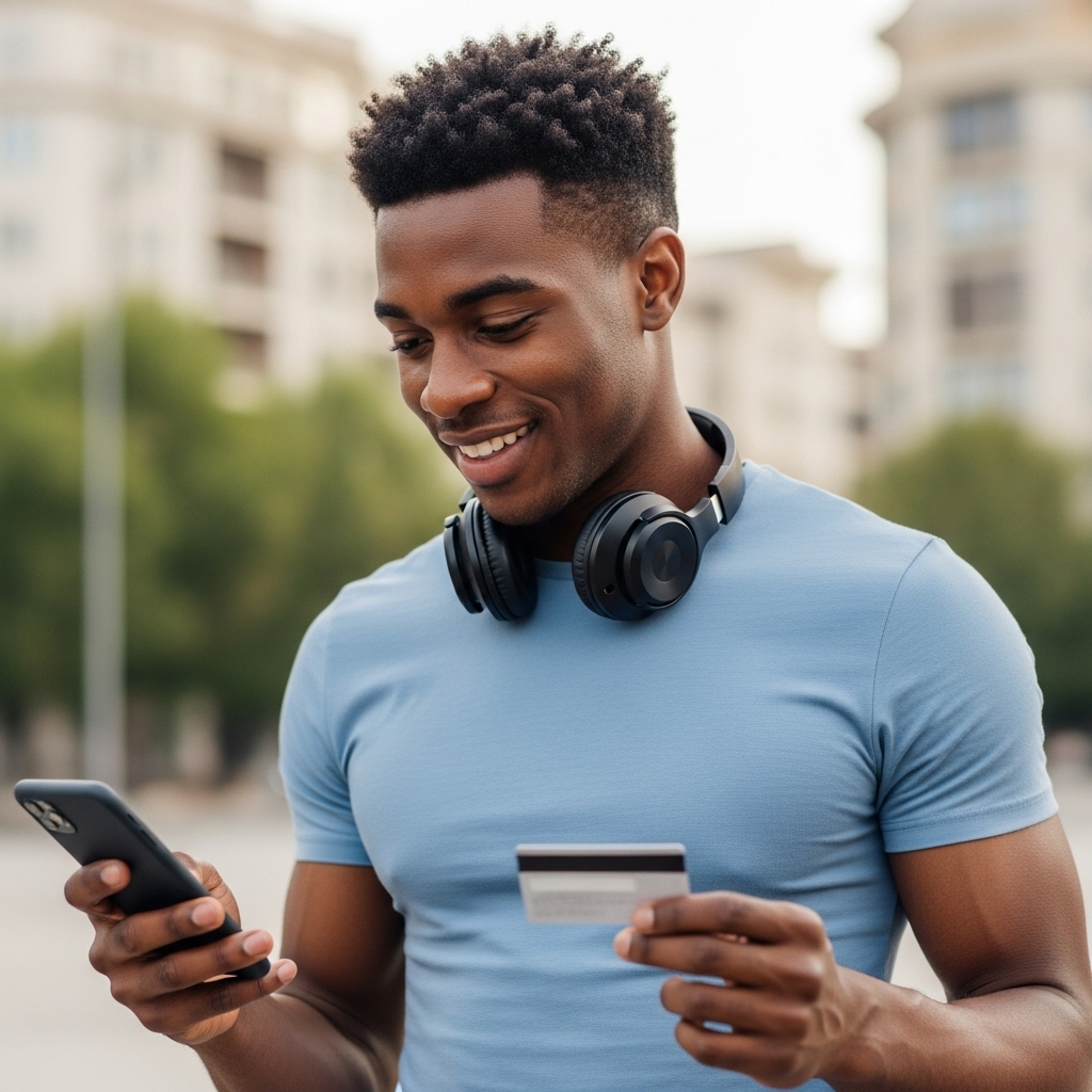 A young, pretty African man looking down on her phone with a card and headset #1