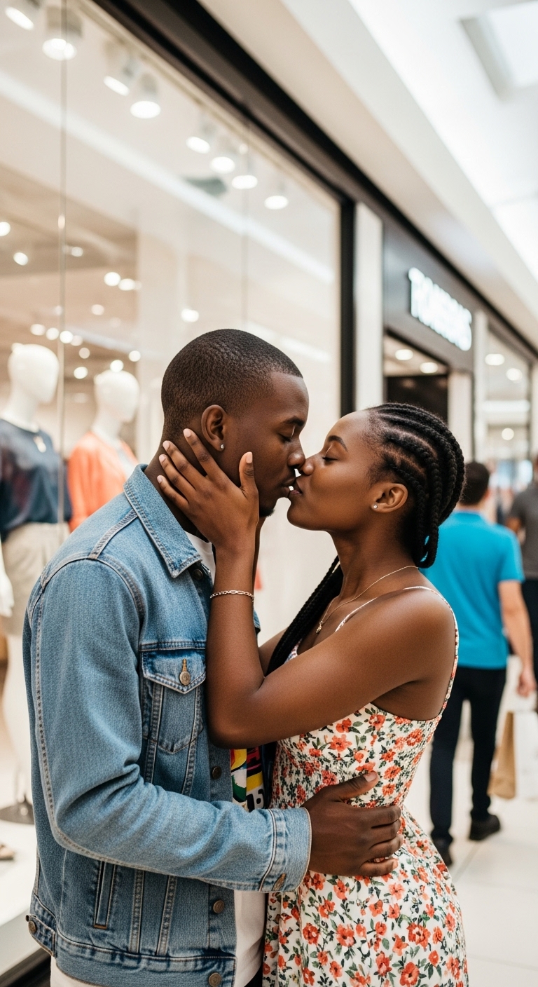 A young black man and woman kissing at the mall #1