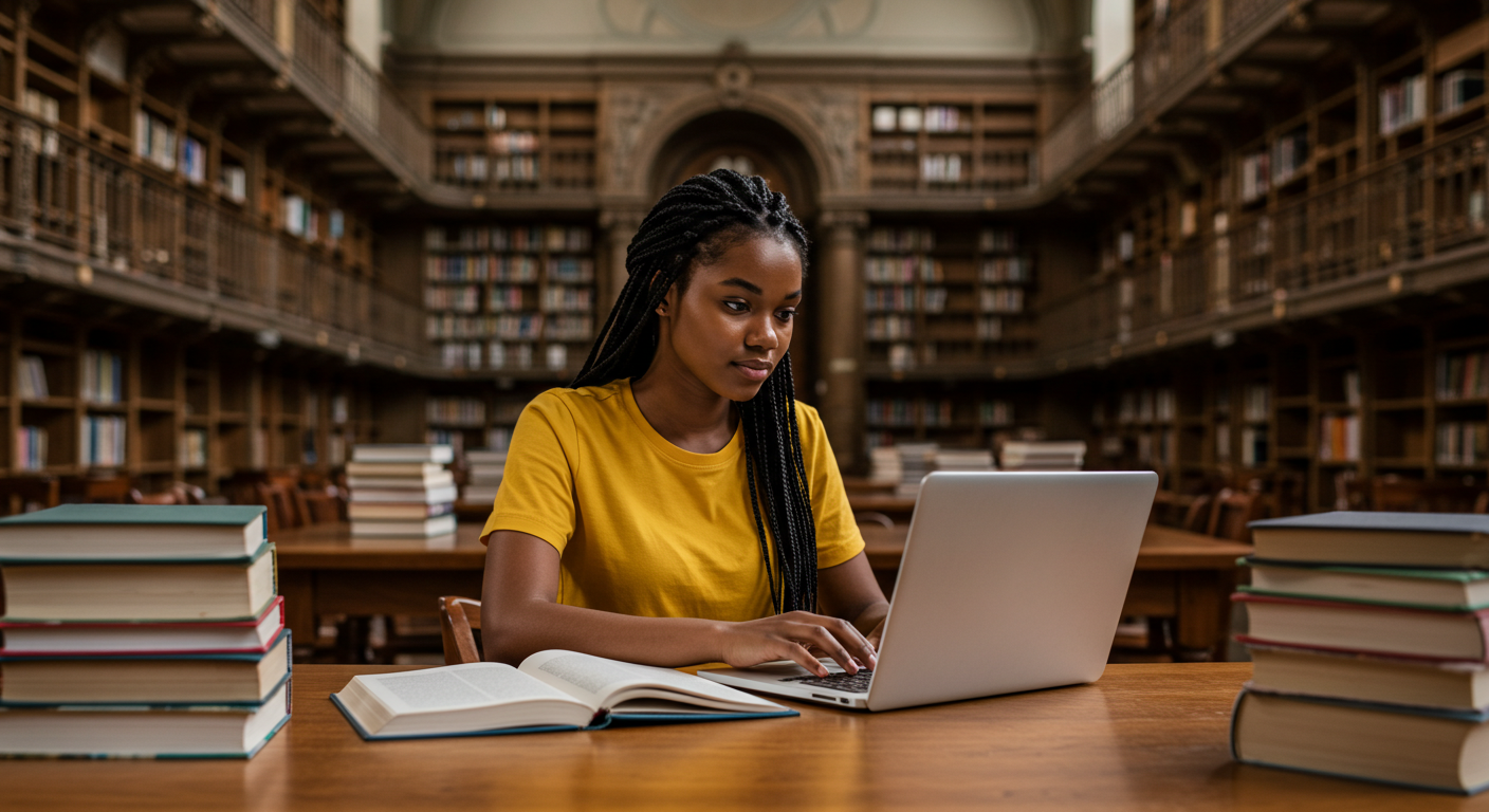 A black female student in a yellow shirt sitting behind a laptop in a library #2