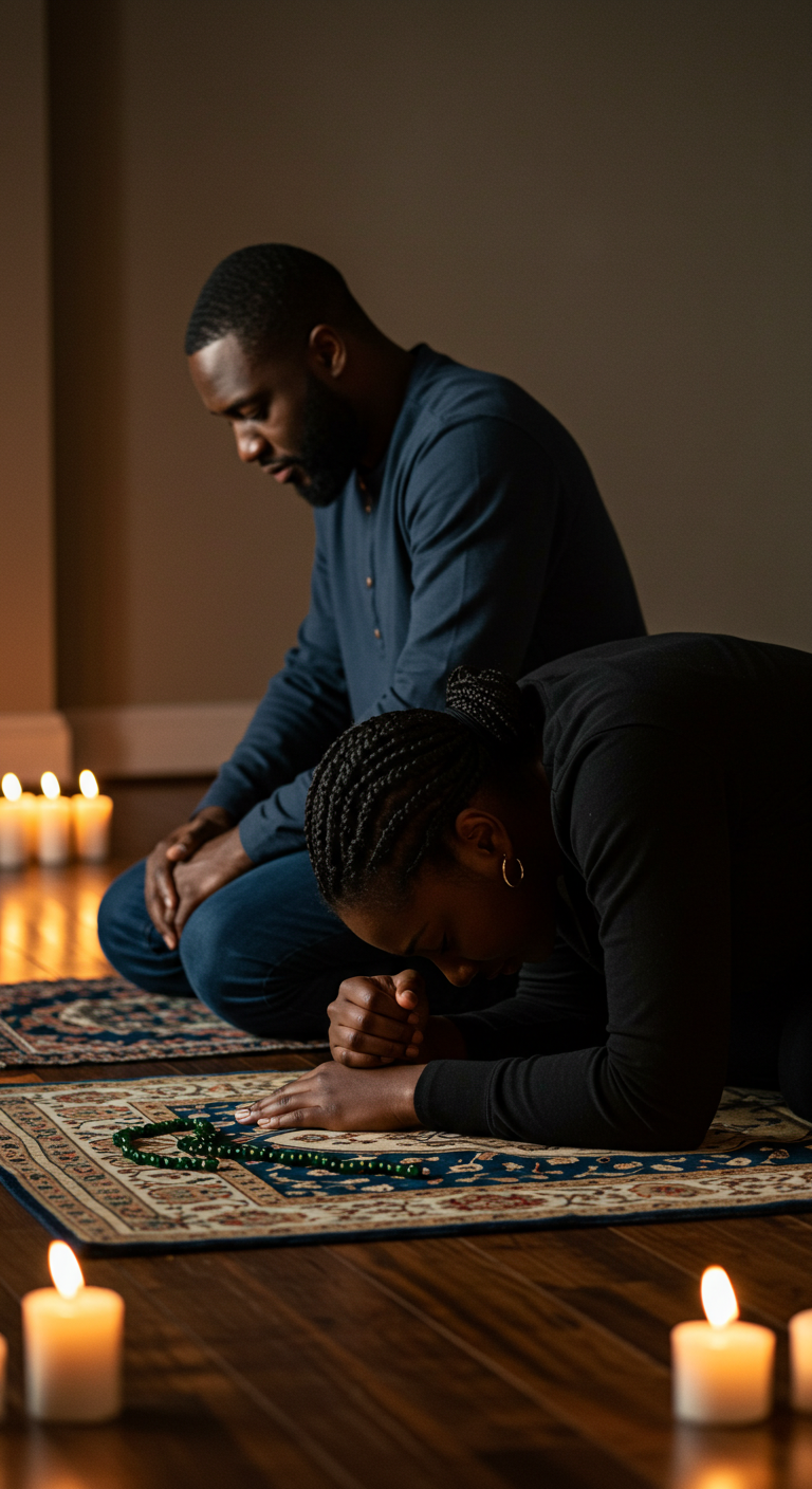 A black man and a black woman on their knees, praying #2