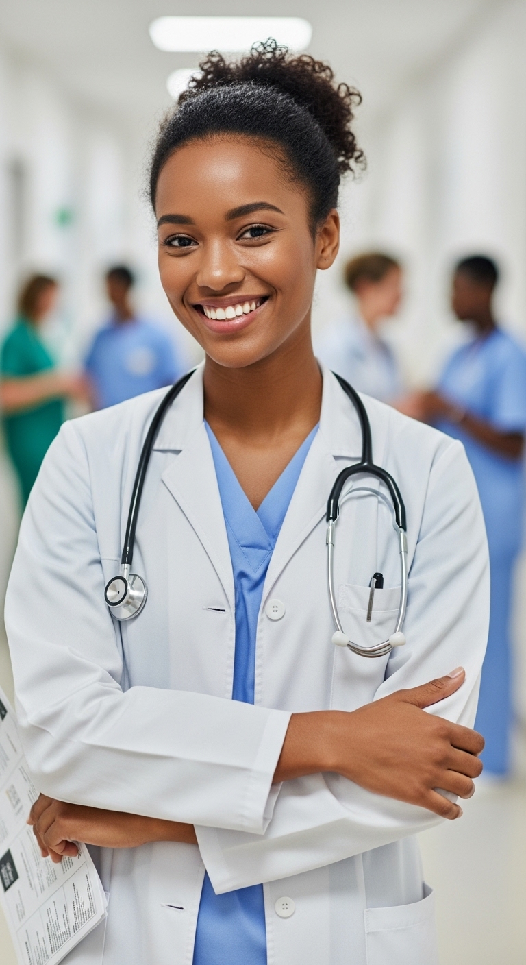 A happy African female doctor with a stethoscope #1
