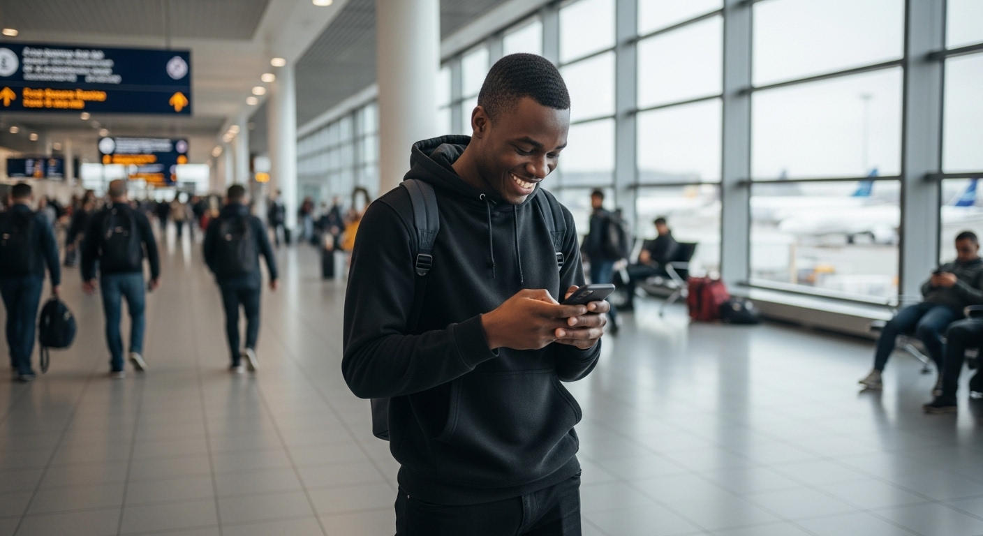 A young black man in a black hoodie, looking very happy with his phone at the airport #1
