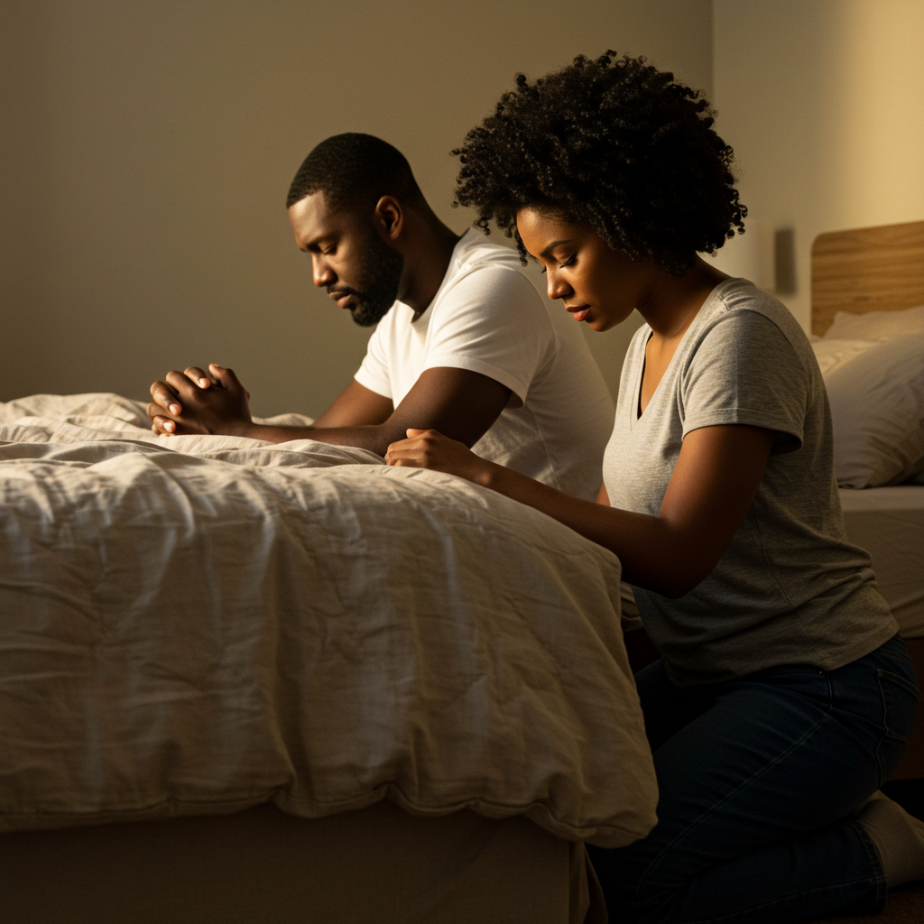 A black man and a black woman on their knees, praying by their bed #4