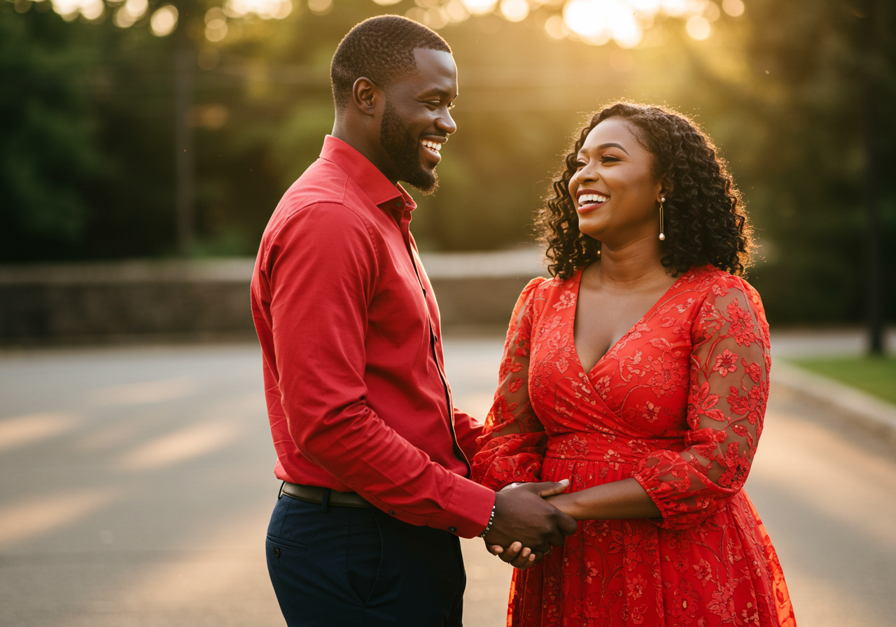 A happy black man and woman in red attire smiling at their love #3