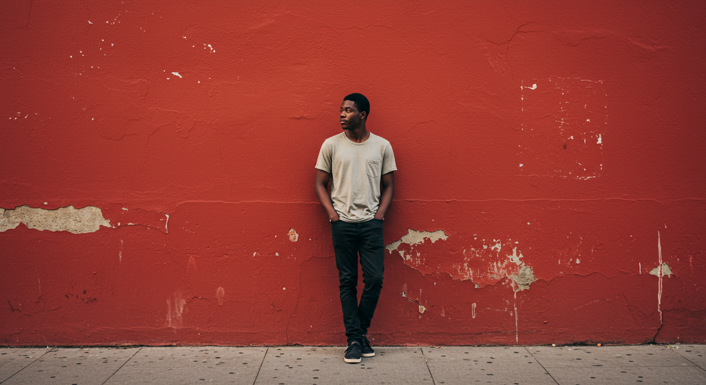 A young black man standing by a red wall in a far-off shot #4