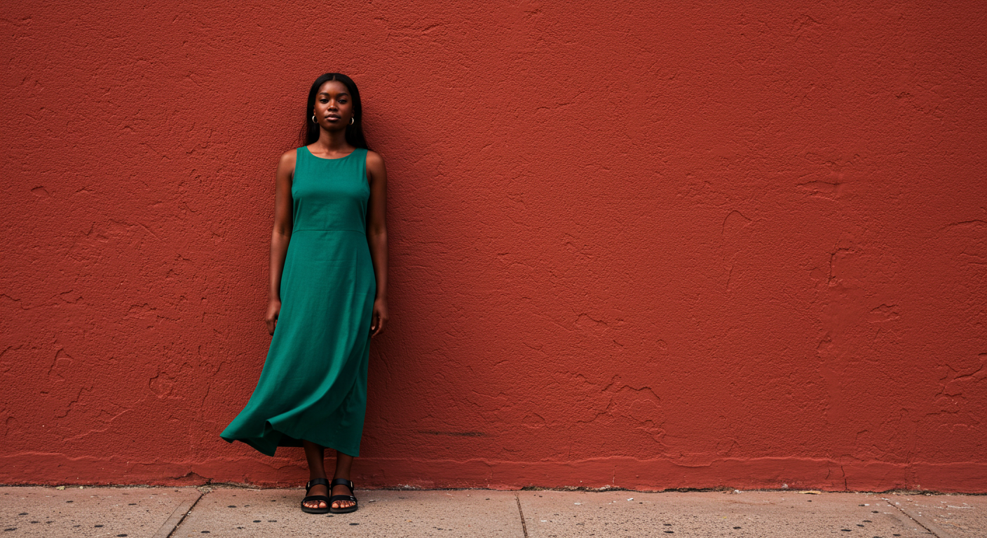A young black woman standing by a red wall in a far-off shot #1