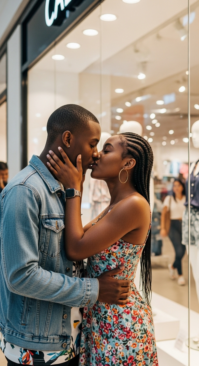 A young black man and woman kissing at the mall #4