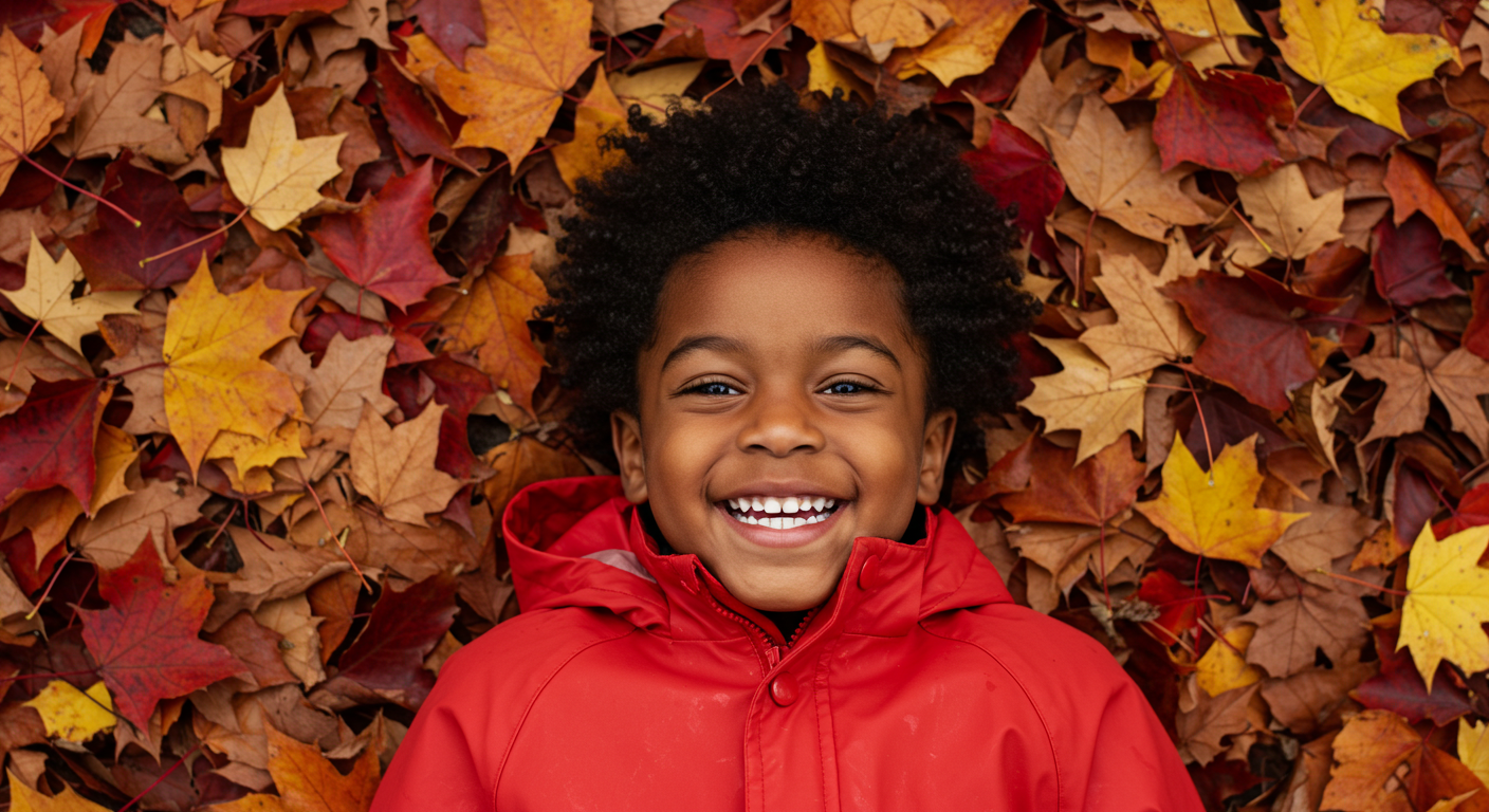 Overhead shot of a black kid smiling in red rain jacket and lying in a pile of fall leaves #1