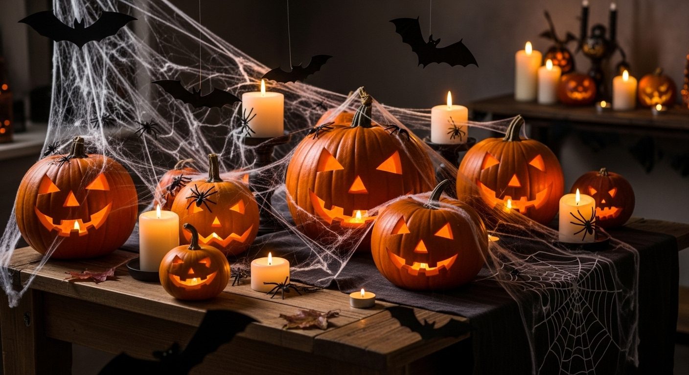 Halloween decorations with pumpkins, candles, bats, and spider webs on rustic wooden table #3