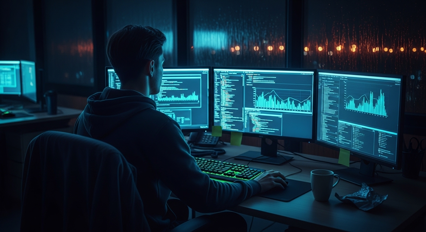 Dramatic night shot of a programmer working late in a dark office with multiple monitors glowing #3