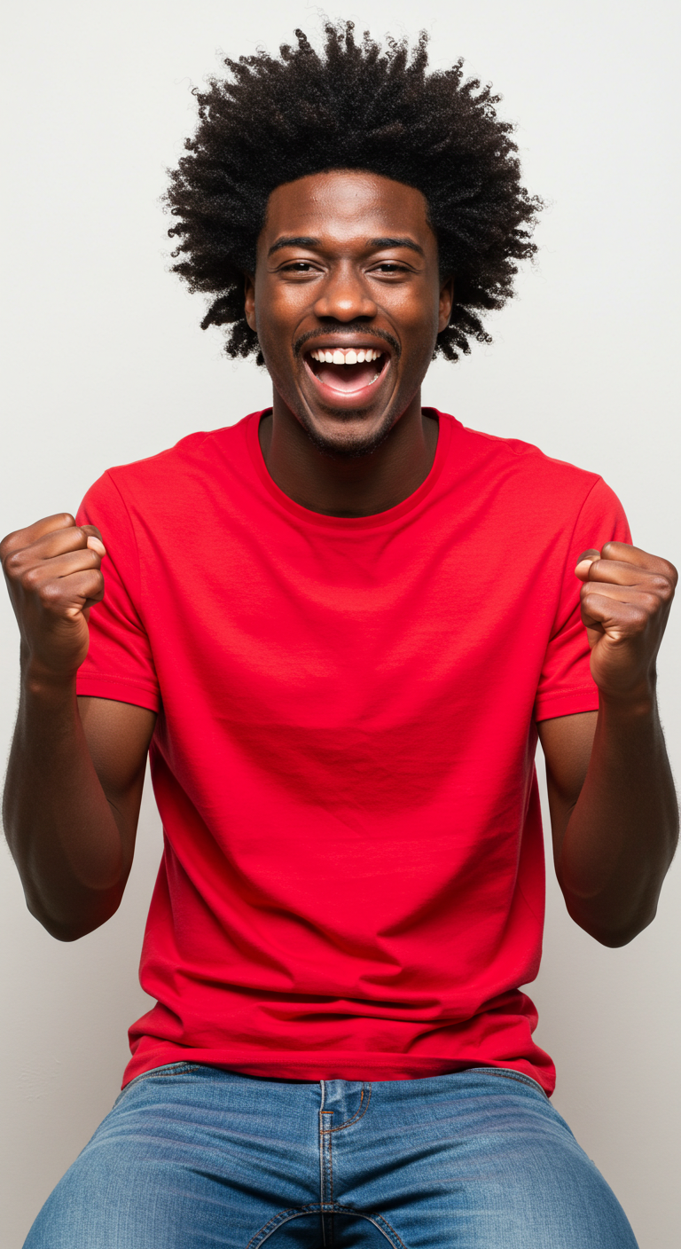A happy black man in a red shirt on his knees saying yes #1