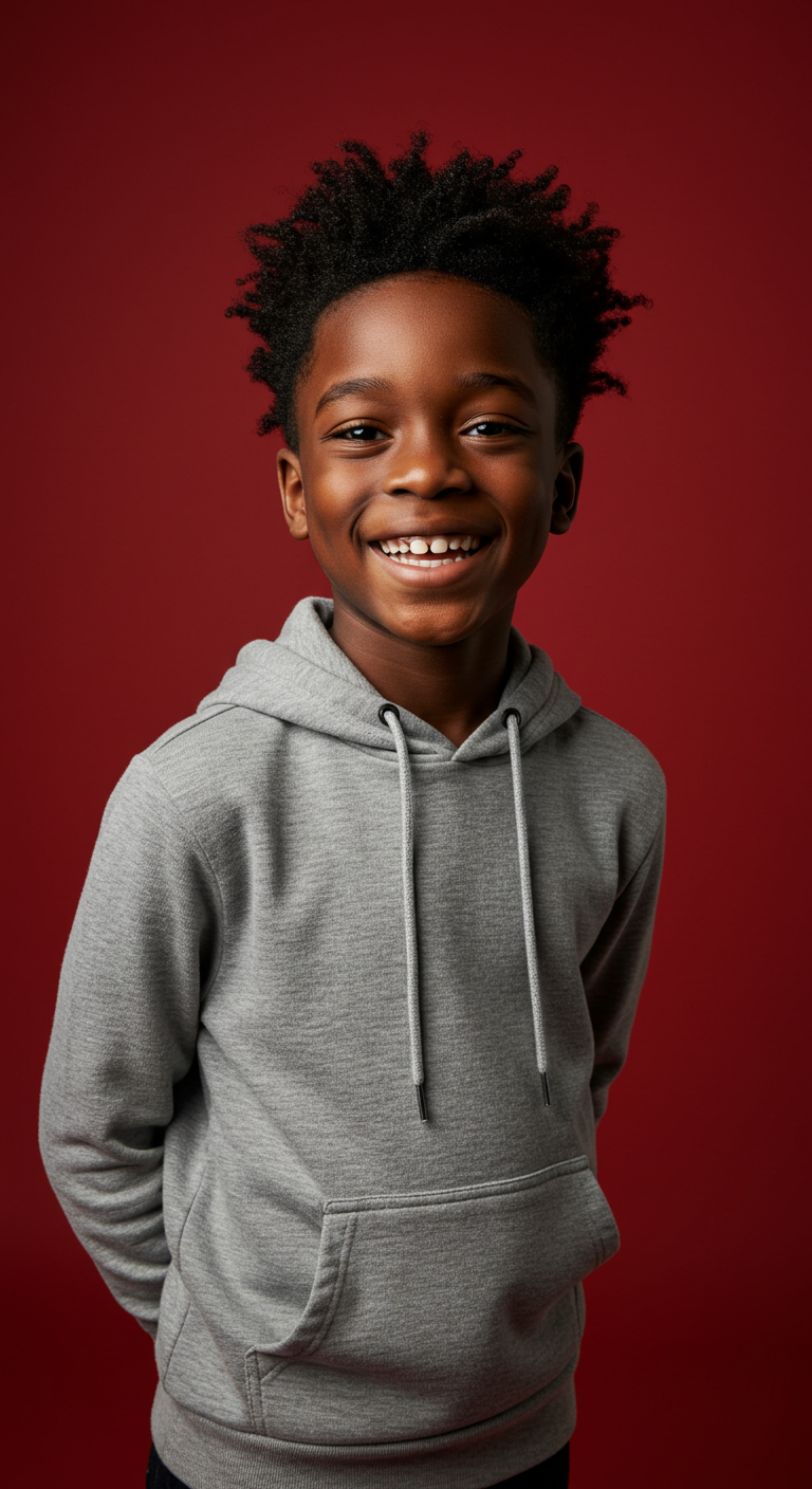 Happy black boy in casual hoodie posing in front of a vibrant red backdrop #2