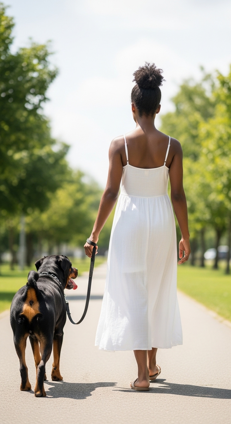 Back view of a black young lady in a white dress walking with her Rottweiler dog #1