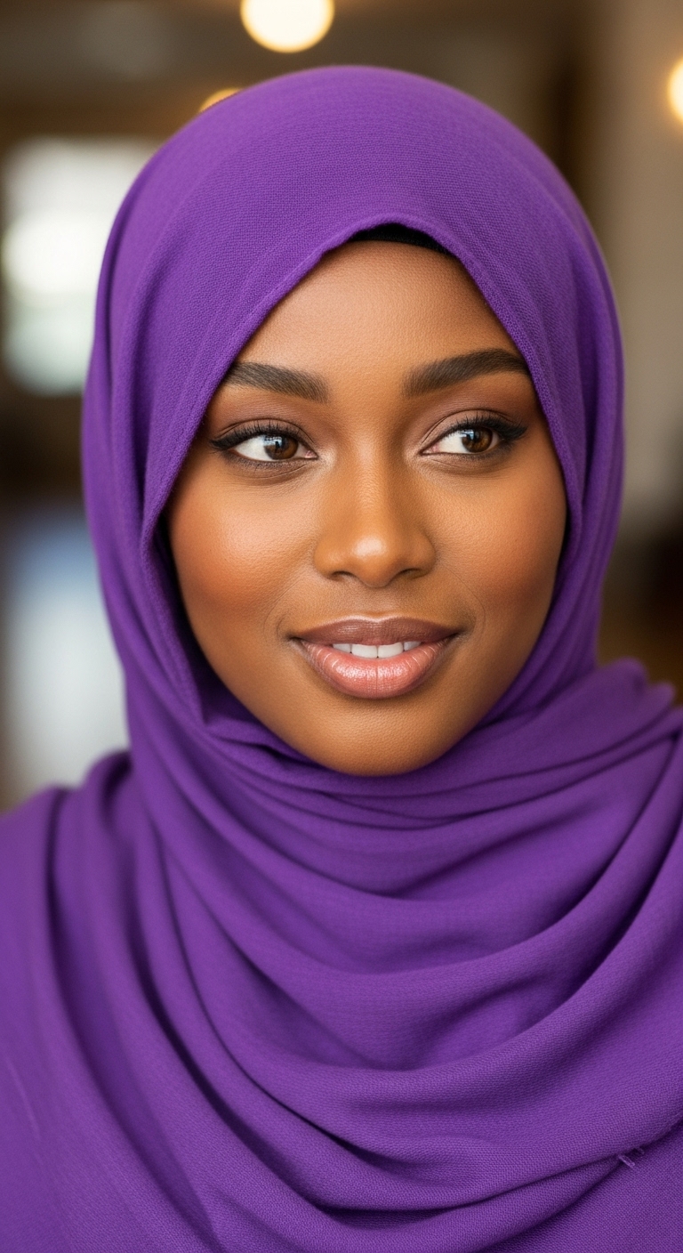 A black Muslim lady with a purple hijab on her head #4