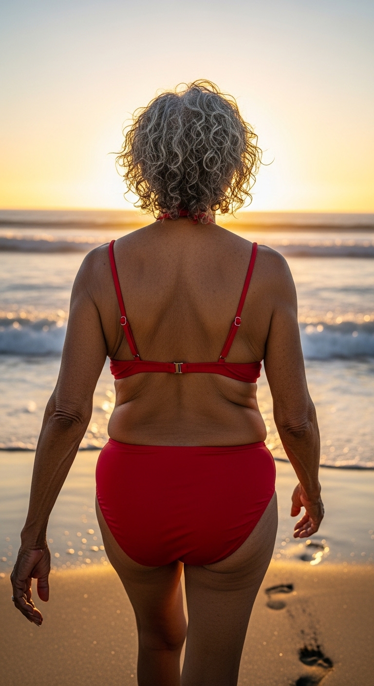 The back of an old black woman in a red bikini at the beach #1