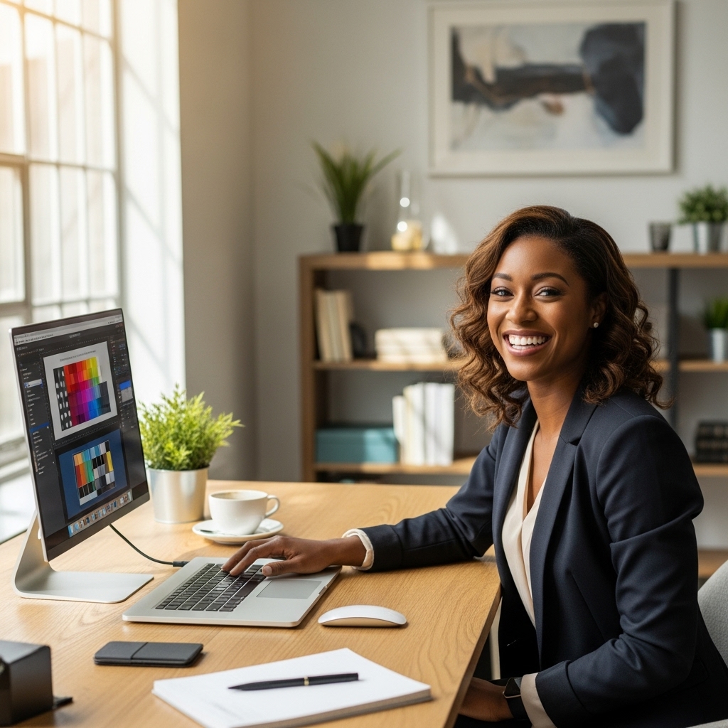 A happy black woman sitting in her office with her PC #3