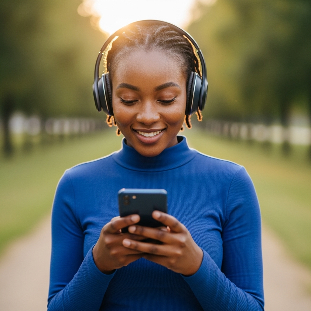 A young, pretty African lady in blue, looking down at her phone with a headset and smiling #1