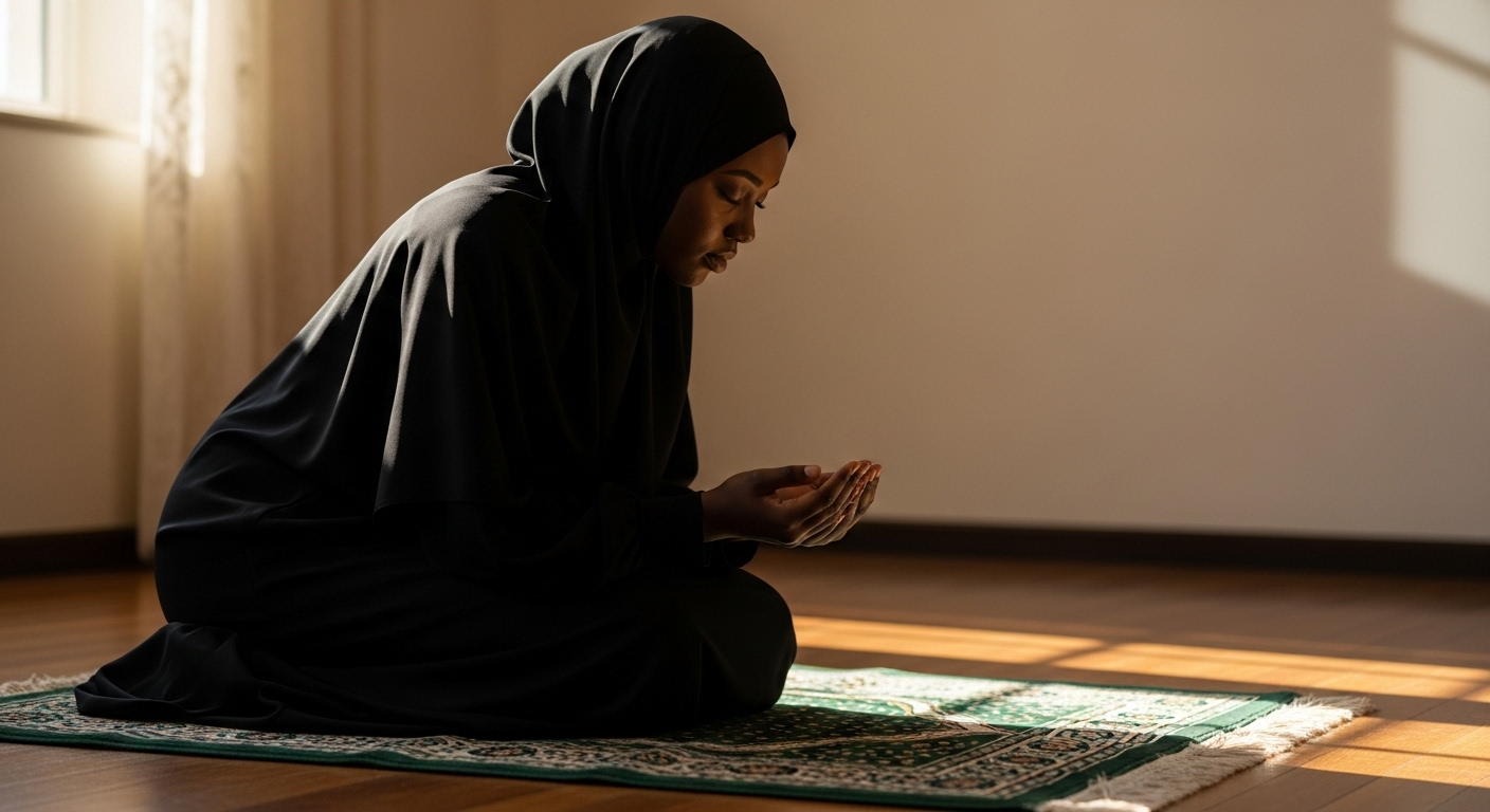 A black Muslim lady with a black hijab praying #2