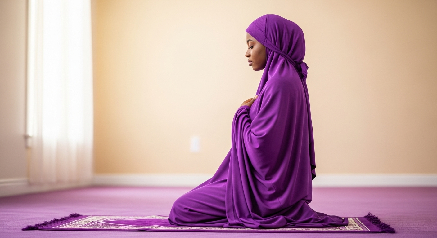 A black Muslim lady with a purple hijab praying #3
