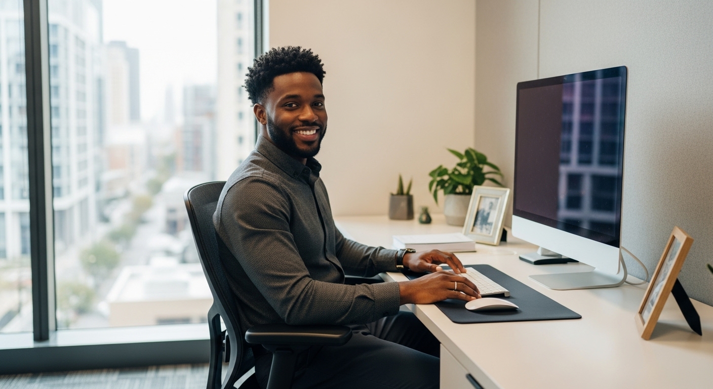 A happy black man sitting in his office with his PC #4