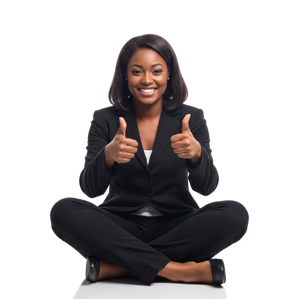 A black woman sitting cross-legged, smiling and giving thumbs up in a professional black outfit #1