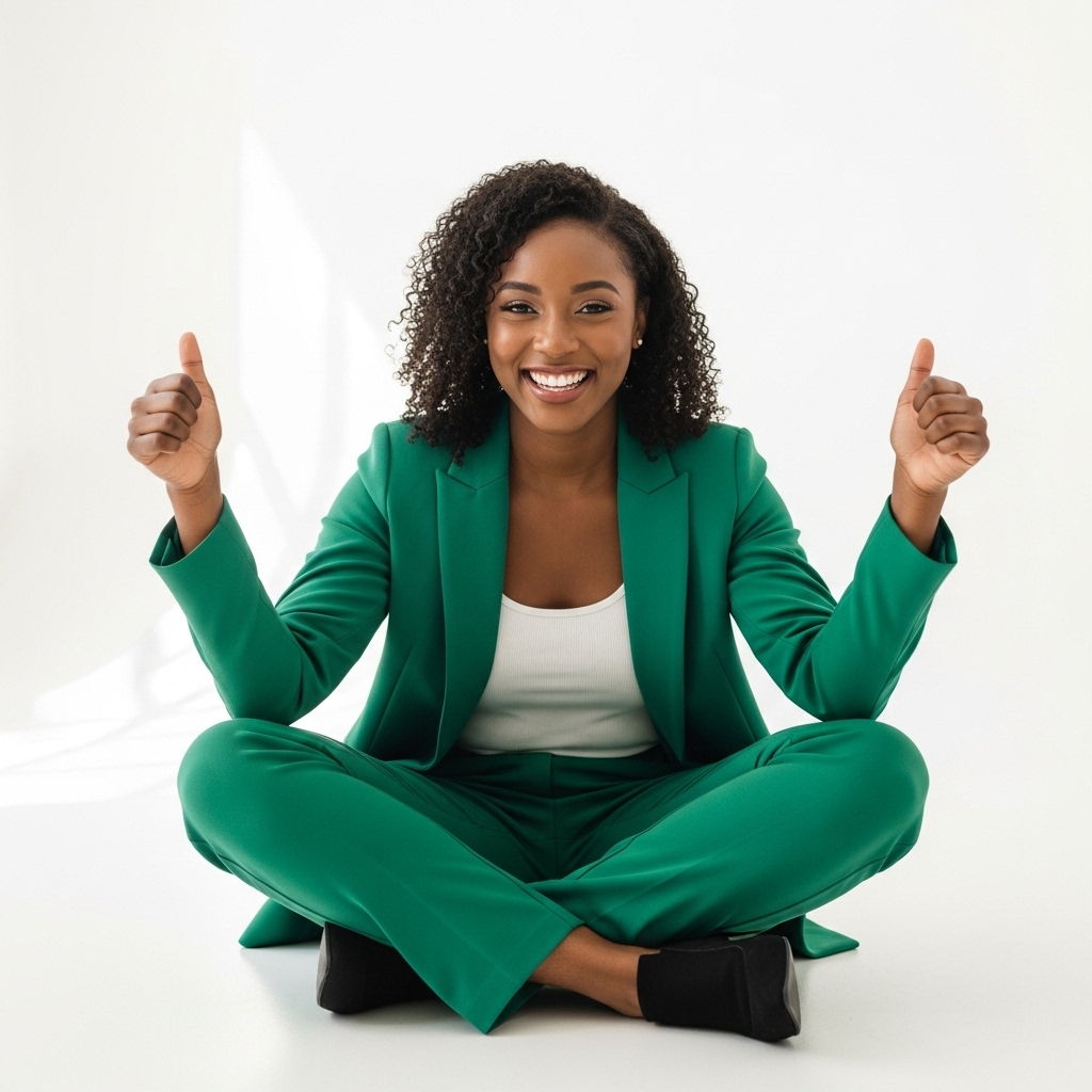 A black woman sitting cross-legged, smiling and giving thumbs up in a professional green outfit #4