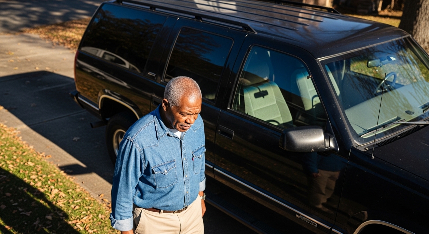 Overhead shot of an old black man looking standing by his black SUV #4