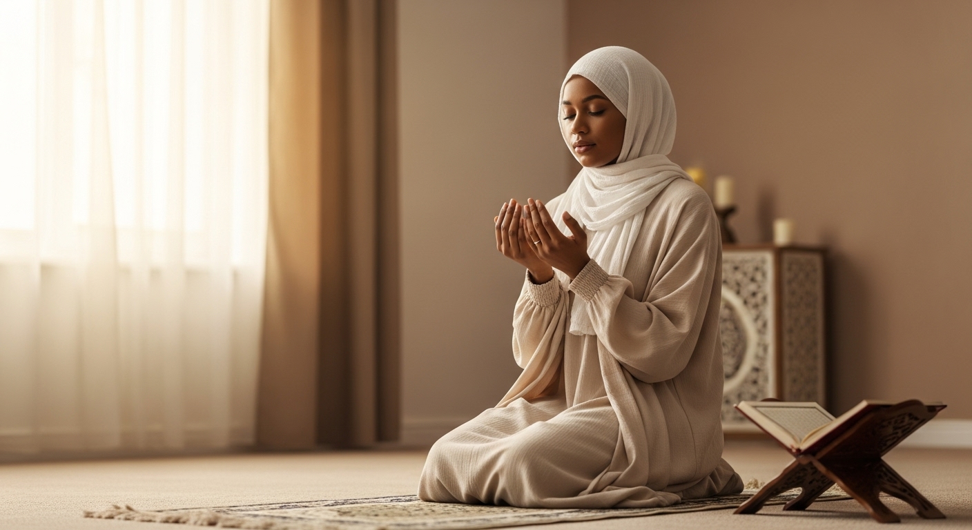 A black Muslim lady with a white hijab praying #1