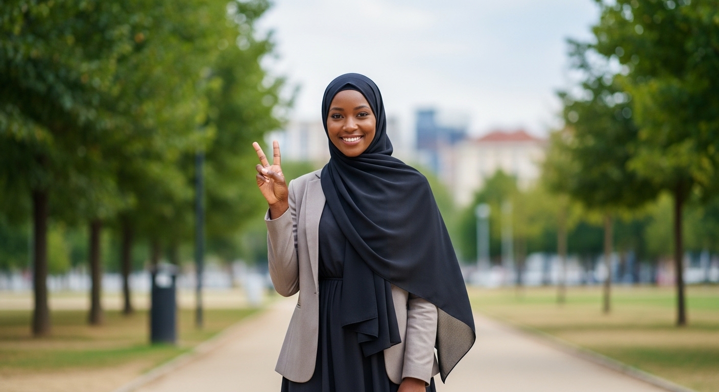 A black Muslim lady with a black hijab hoding 2 fingers up #3