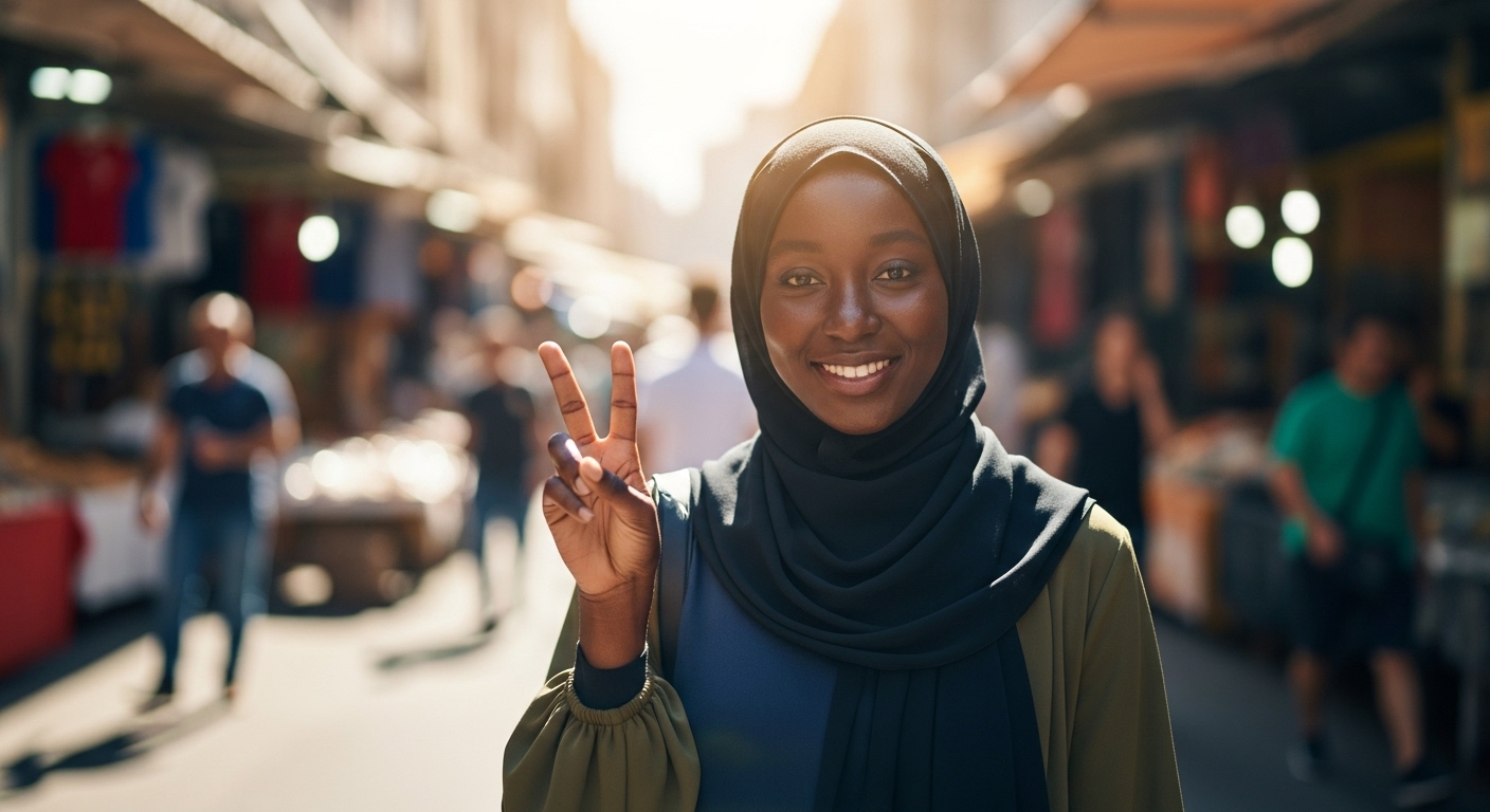 A black Muslim lady with a black hijab hoding 2 fingers up #1