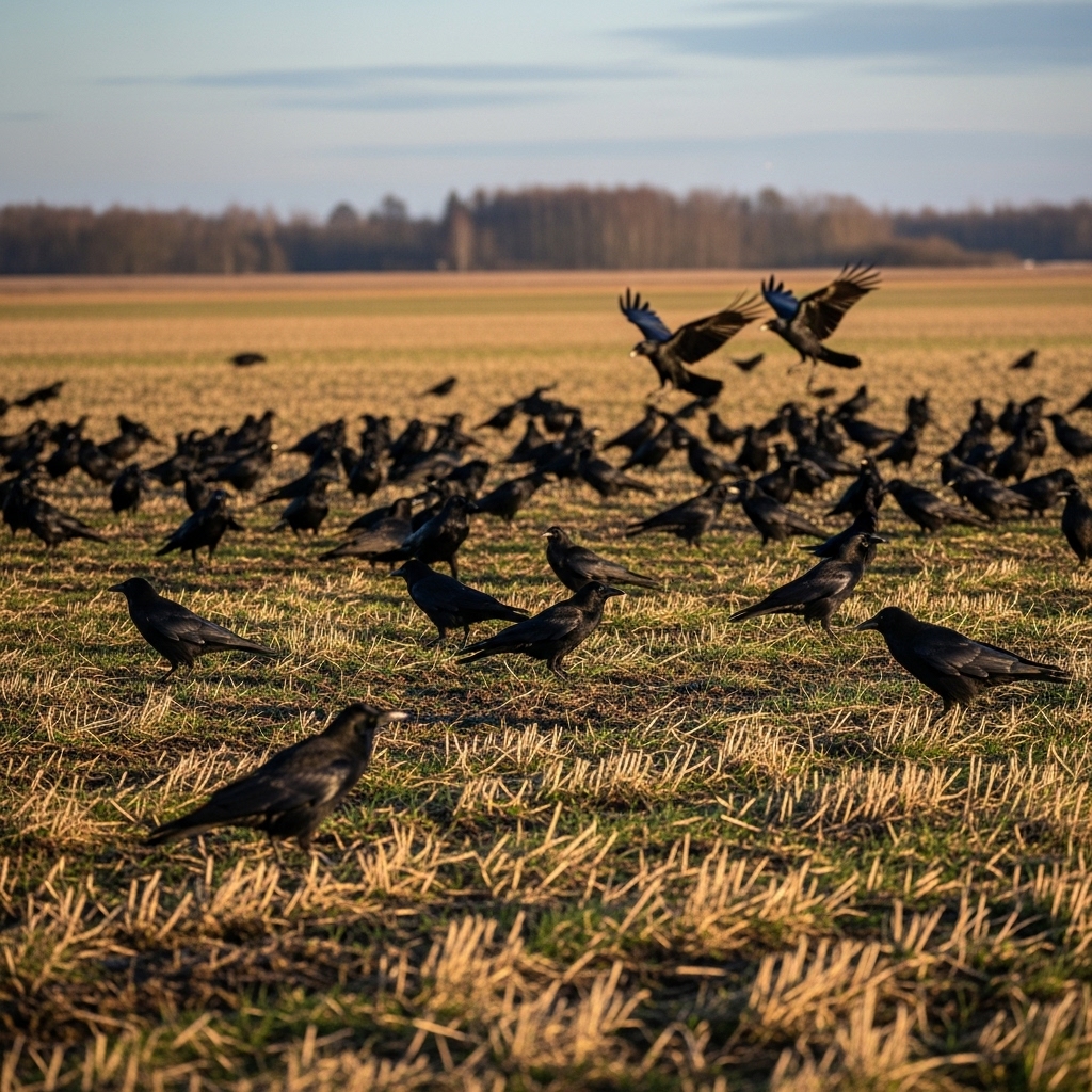 A group of black black birds in a field #4