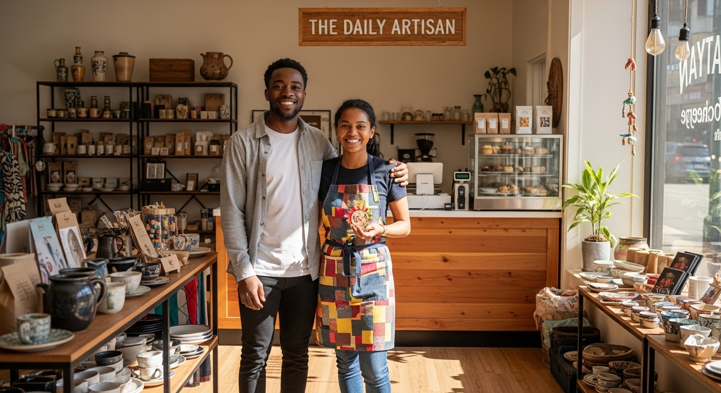 A young black man and woman looking happy, standing in their shop #1