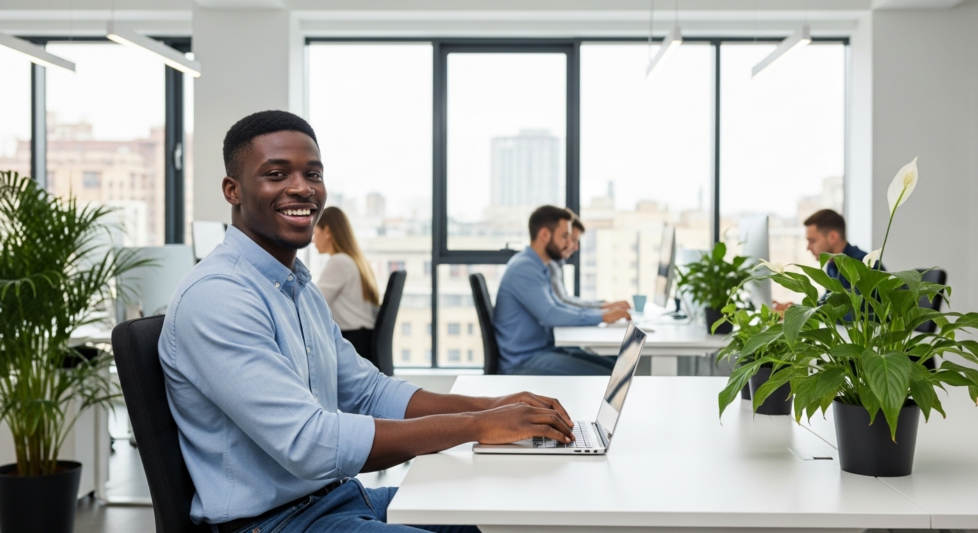 A young black man in an office space, looking happy while sitting at his desk #1