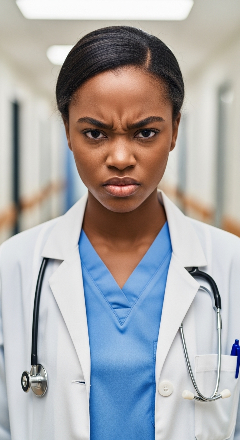 A young, pretty black doctor with an angry face #2