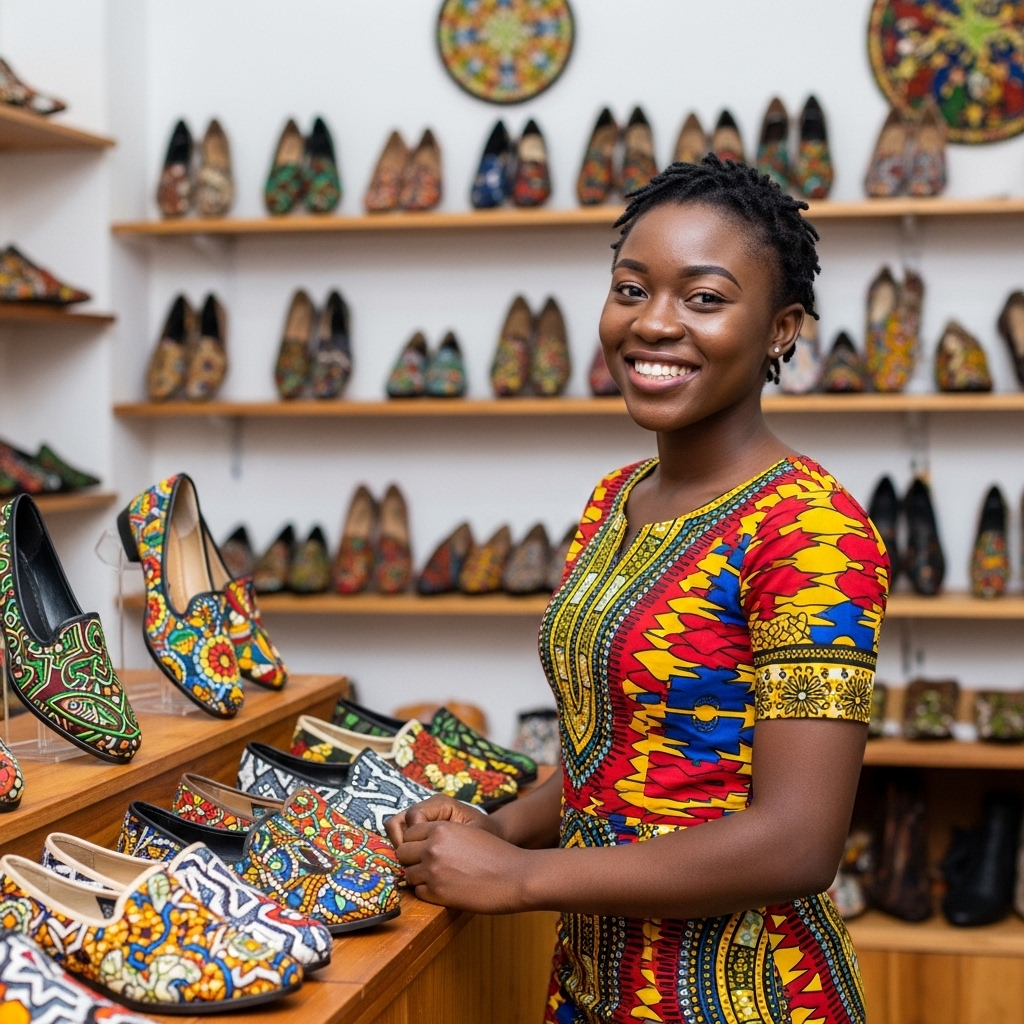A black young woman standing in her African shoe shop and smiling