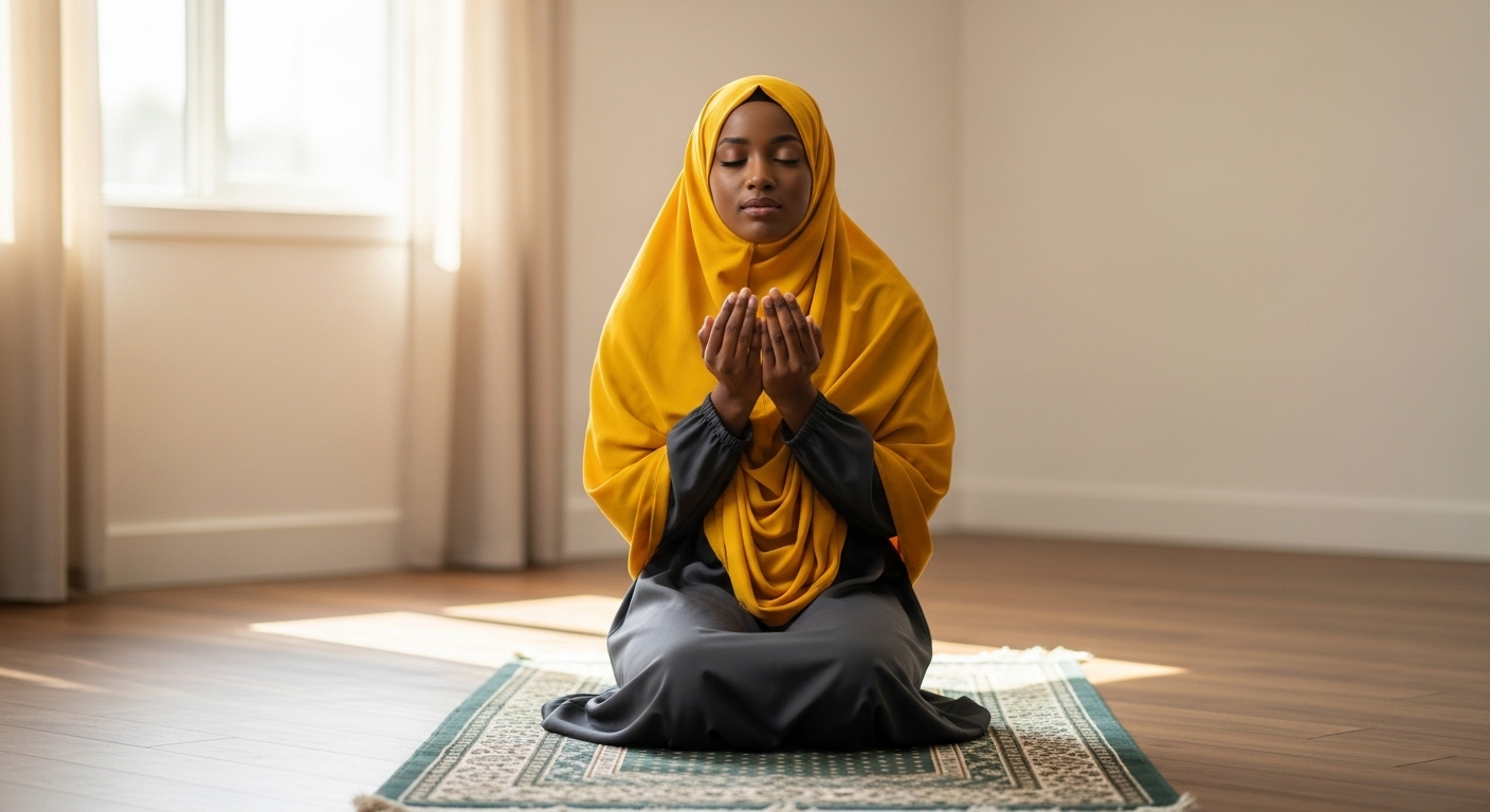 A black Muslim lady with a yellow hijab praying #4