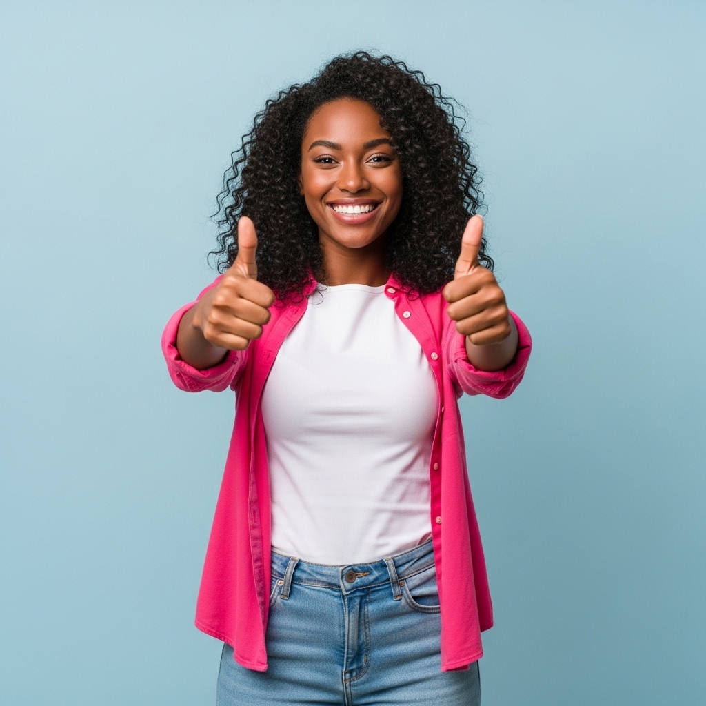 A cheerful young black pretty woman in a pink shirt, smiling confidently and giving two thumbs up #1