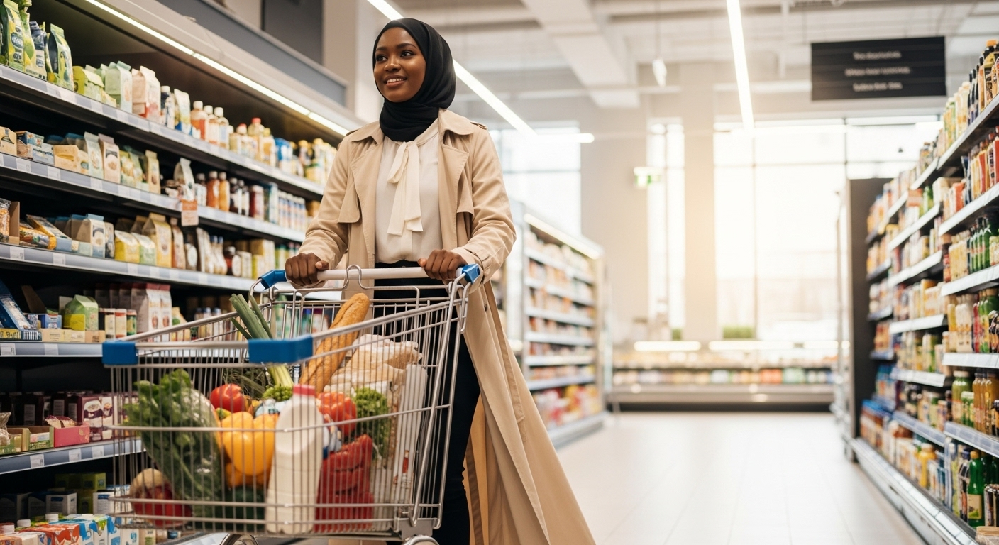 A black Muslim lady with a black hijab out shopping with a cart #1