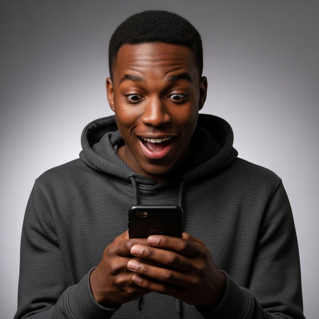 A young black man wearing a hoodie, looking at his smartphone with a shocked, happy expression #4