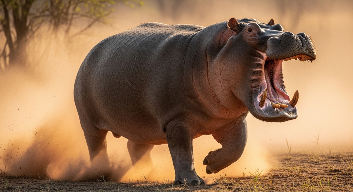 A hippo charging forward with dust around #3