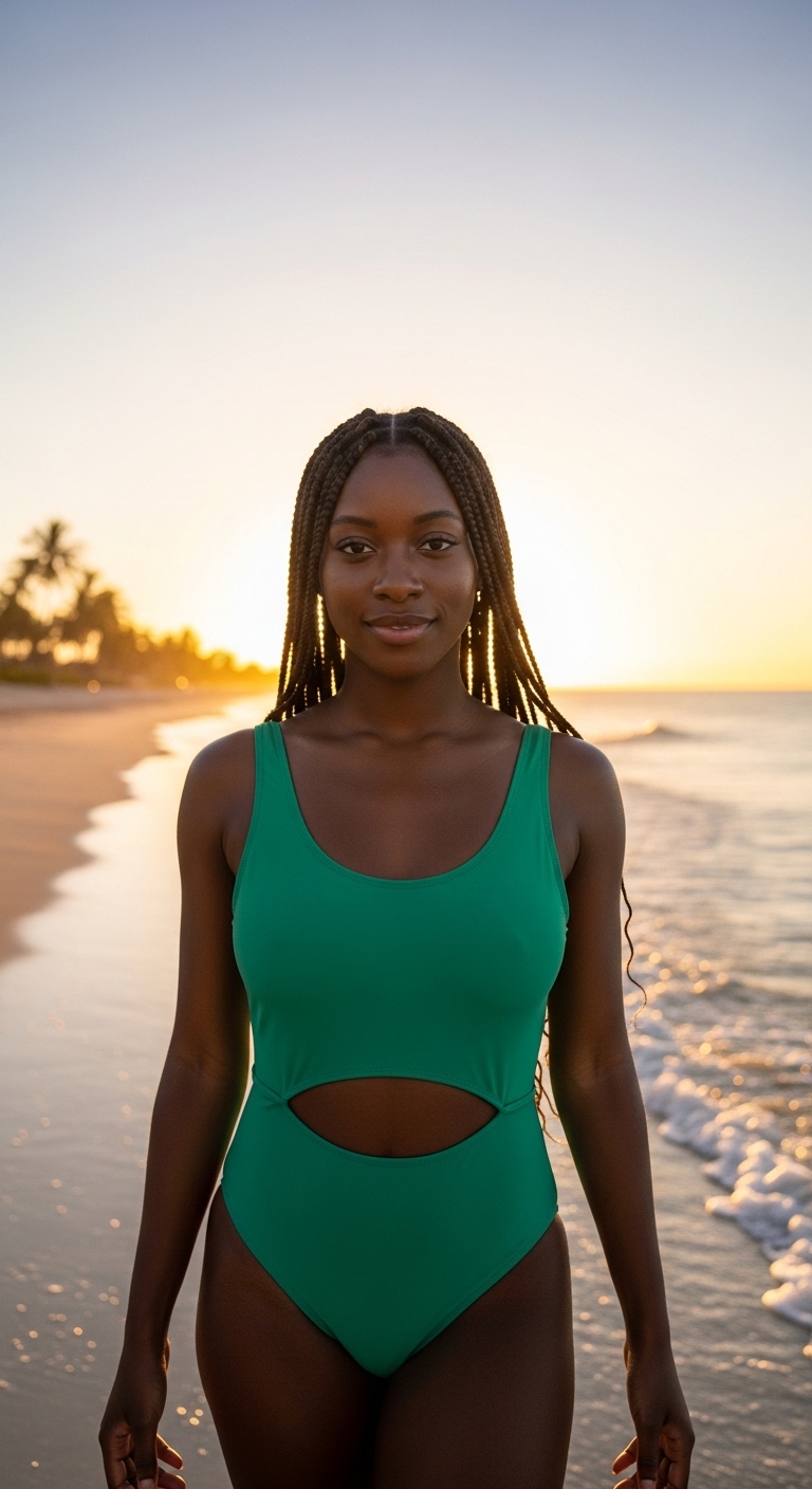 A young black lady in a green swimsuit #2