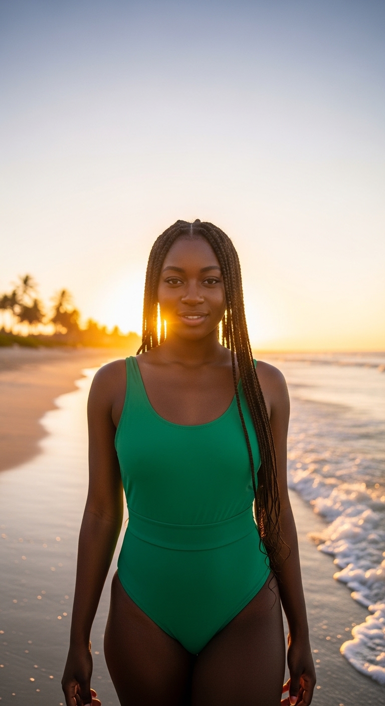 A young black lady in a green swimsuit #4
