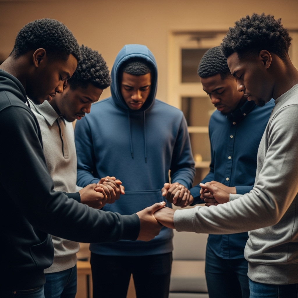 A group of black young guys holding their hands in a circle and praying #2