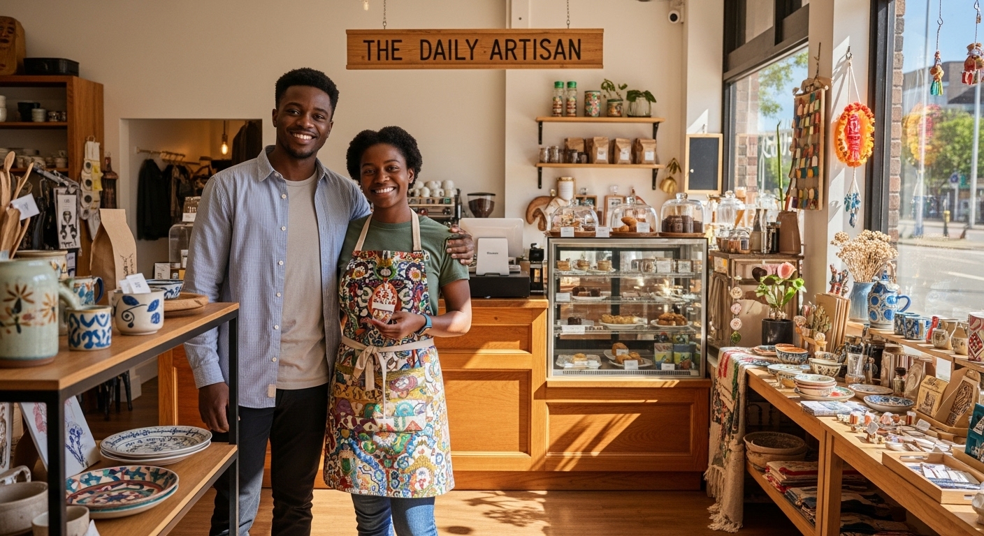 A young black man and woman looking happy, standing in their shop #2