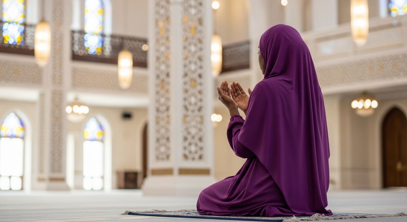 A black Muslim lady with a purple hijab praying #1