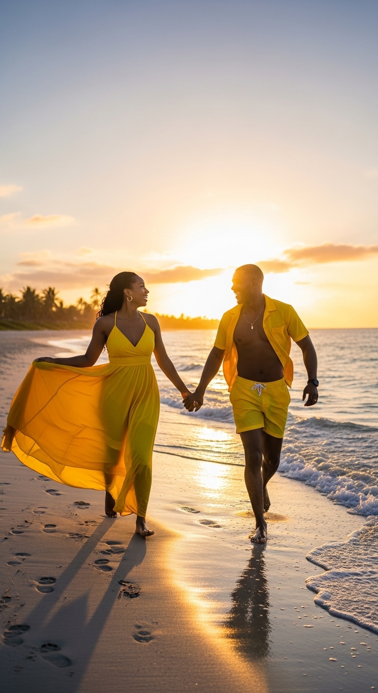 A black couple at the beach in yellow #1